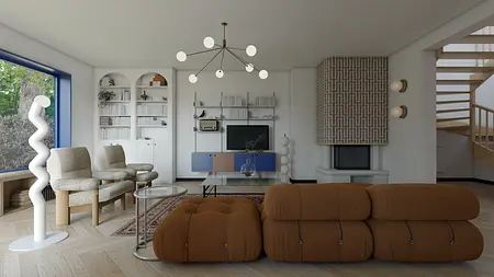 Wnętrze salonu w stylu art deco i eklektycznym z brązową sofą i białymi meblami.