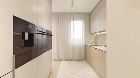 Wnętrze kuchni w stylu japandi, minimalistycznym z drewnianym blatem