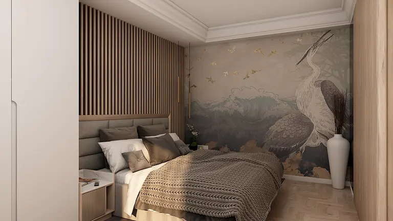 Wnętrze sypialni z drewnianą ścianą i obrazem, nowoczesny styl, współczesny design.