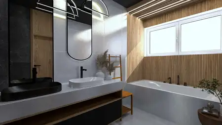 Nowoczesna łazienka z drewnianymi detalami i umywalką