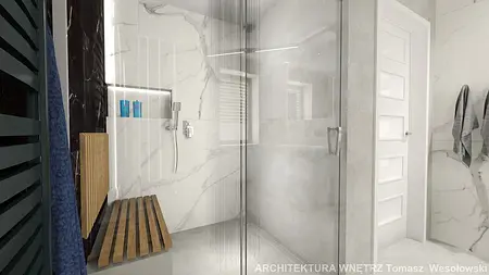 Nowoczesna łazienka z prysznicem, szarymi płytkami i drewnianymi detalami w stylu minimalistycznym.