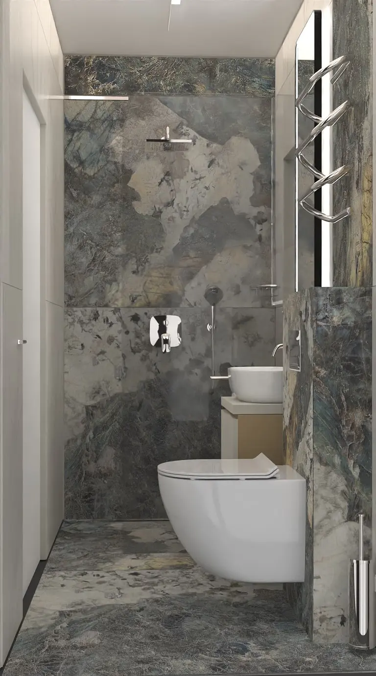 Wnętrze łazienki w stylu dopamine decor oraz minimalistycznym z kamiennymi elementami.