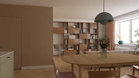 Wnętrze salonu w stylu dopamine decor z eklektycznymi akcentami.