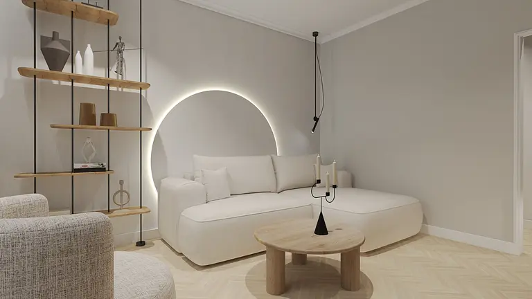 Wnętrze salonu w stylu soft minimalizm z jasną sofą i drewnianymi akcentami.