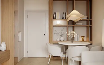 Wnętrze nowoczesnego salonu w stylu soft minimalizm z drewnianymi meblami.