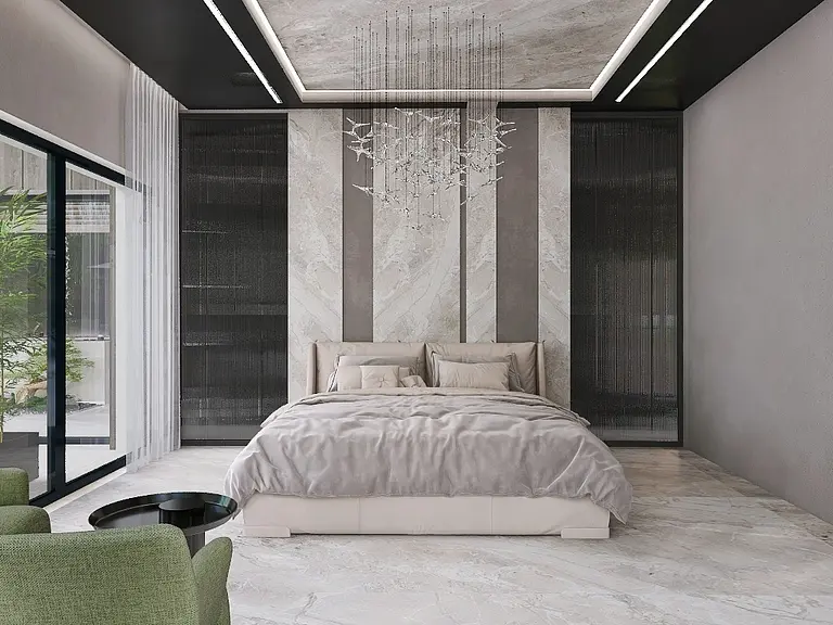 Sypialnia w stylu glamour z nowoczesnym oświetleniem i eleganckimi detalami.