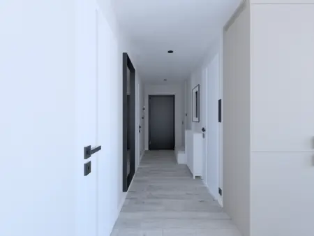 Przedpokój w stylu industrialnym, minimalistycznym i współczesnym z białymi ścianami.