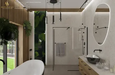 Nowoczesna łazienka z drewnianymi meblami i zieloną ścianą, styl quiet luxury.