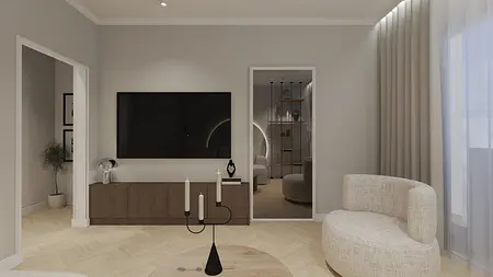 Wnętrze salonu w stylu soft minimalizm z jasnymi meblami i drewnianą podłogą.
