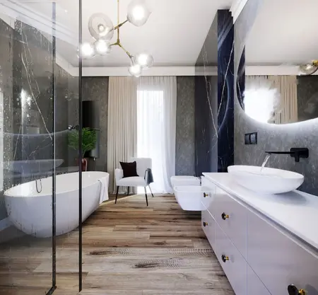 Nowoczesna łazienka z wanną, lustrem i eleganckimi detalami, w stylu glamour i quiet luxury.