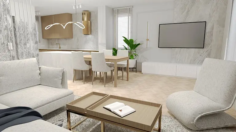 Wnętrze salonu z nowoczesnym wystrojem, quiet luxury, skandynawskim akcentem i soft minimalizmem.