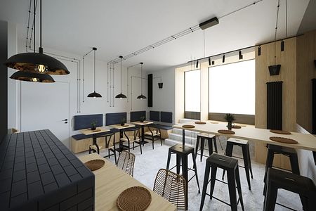 Wnętrze kuchni w stylu industrialnym i japandi z drewnianymi meblami.