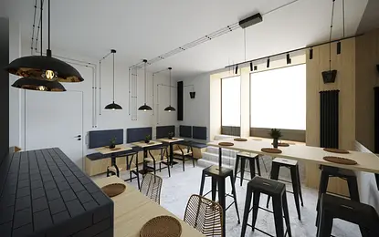 Wnętrze kuchni w stylu industrialnym i japandi z drewnianymi meblami.