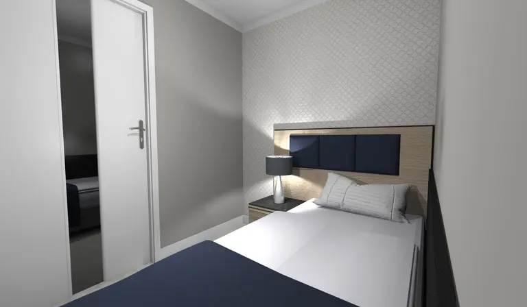 Sypialnia z niebieskim łóżkiem, lampą i jasnymi ścianami w stylu skandynawskim i minimalistycznym