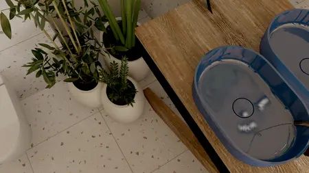 Wnętrze łazienki z roślinami i drewnianą umywalką w stylu dopamine decor i eklektycznym.