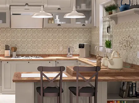 Współczesna kuchnia z drewnianym blatem, beżowymi meblami i nowoczesnymi urządzeniami.