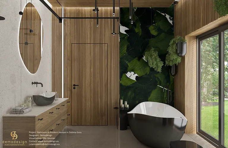 Wnętrze łazienki z drewnianymi elementami i nowoczesną wanną w stylu quiet luxury.