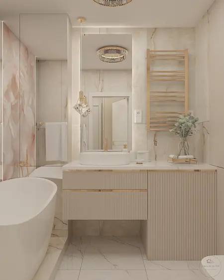 Nowoczesna łazienka z wanną, umywalką i marmurowymi akcentami w stylu glamour