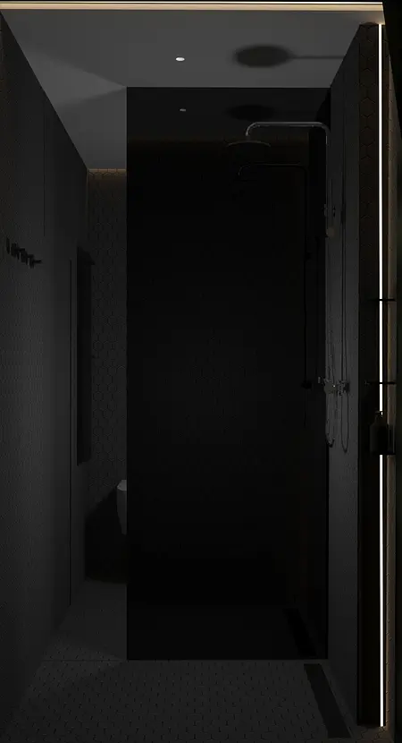 Nowoczesna łazienka z minimalistycznym prysznicem, czarnymi płytkami i oświetleniem LED.