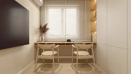 Wnętrze gabinetu w stylu japandi z minimalistycznym biurkiem i nowoczesnymi detalami.
