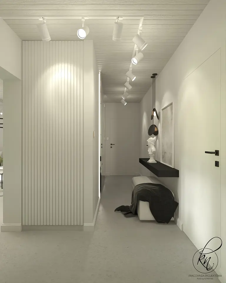 Przedpokój w stylu minimalistycznym z białymi ścianami i czarnymi detalami.