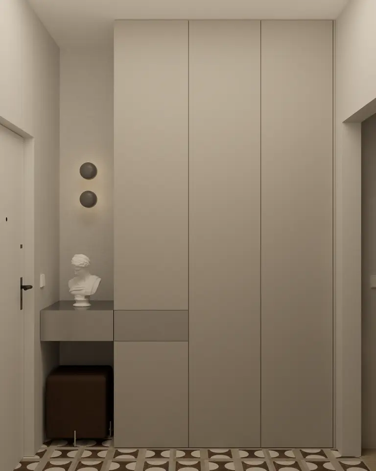 Przedpokój w stylu minimalistycznym z szafą, rzeźbą i podłogą.