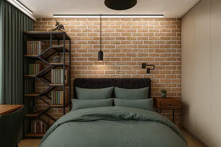 Sypialnia z ceglaną ścianą, zielonymi poduszkami i regałem w stylu industrialnym.