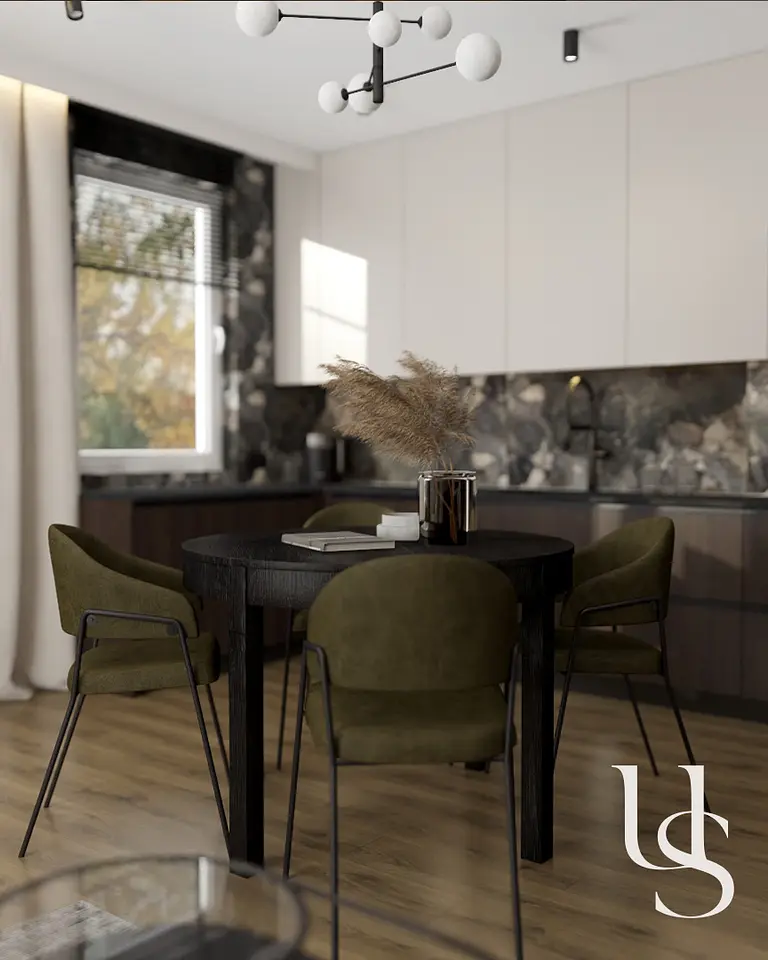 Wnętrze jadalni w stylu quiet luxury, współczesne z okrągłym stołem i zielonymi krzesłami.