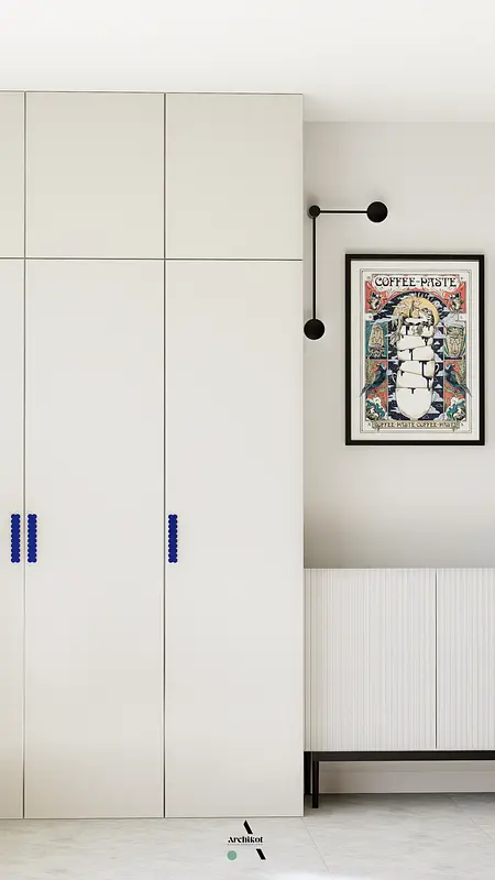 Nowoczesne wnętrze z białymi meblami i grafiką w stylu dopamine decor.