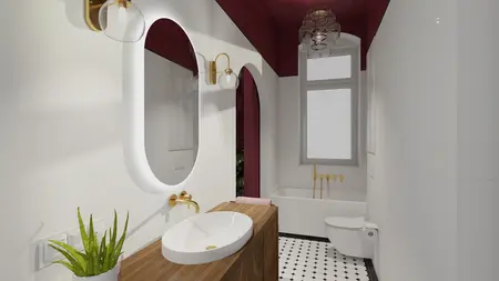 Wnętrze łazienki w stylu art deco z drewnianą szafką i złotymi akcentami.