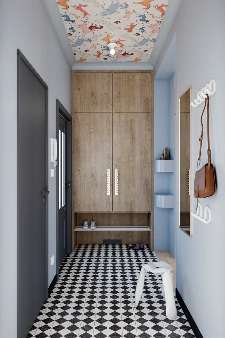 Przedpokój w stylu art deco i eklektycznym z drewnianą szafą.