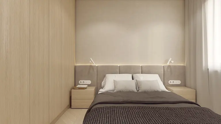Sypialnia w stylu japandi i minimalistycznym z jasnym drewnem