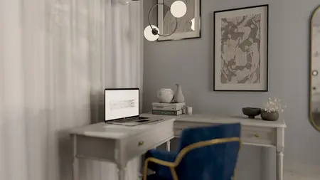 Wnętrze gabinetu z biurkiem, niebieskim fotelem oraz minimalistycznymi akcentami.