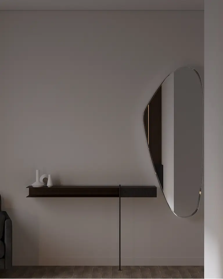 Nowoczesny przedpokój z drewnianą półką i minimalistycznym lustrem