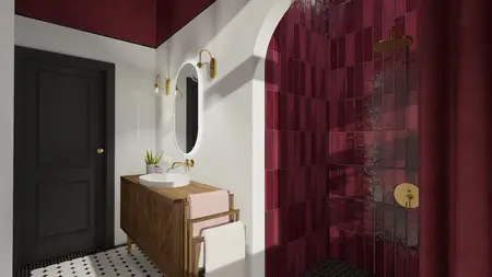 Wnętrze łazienki z szafką, czerwoną glazurą i minimalistycznymi akcentami art deco