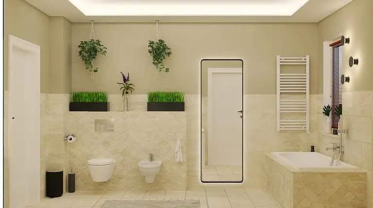 Nowoczesna łazienka w stylu soft minimalizm z roślinami.