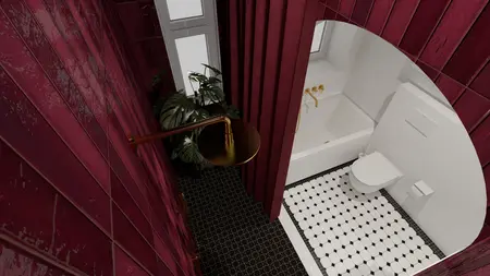 Nowoczesna łazienka w stylu art deco, eklektycznym i vintage z czerwonymi płytkami.