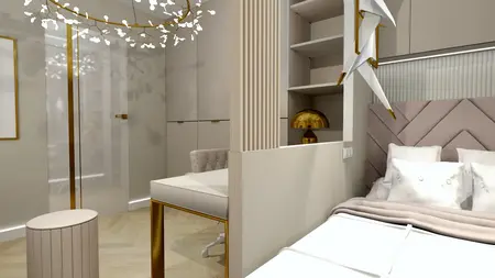 Wnętrze sypialni glamour z beżowymi meblami, złotymi akcentami i nowoczesnym oświetleniem.