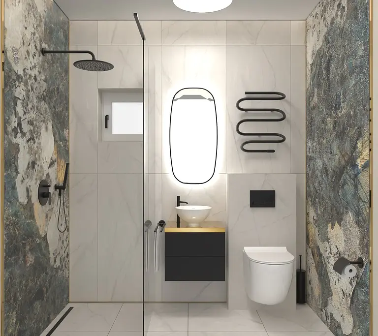 Wnętrze łazienki w stylu dopamine decor, industrialnym i minimalistycznym z nowoczesnymi akcesoriami.