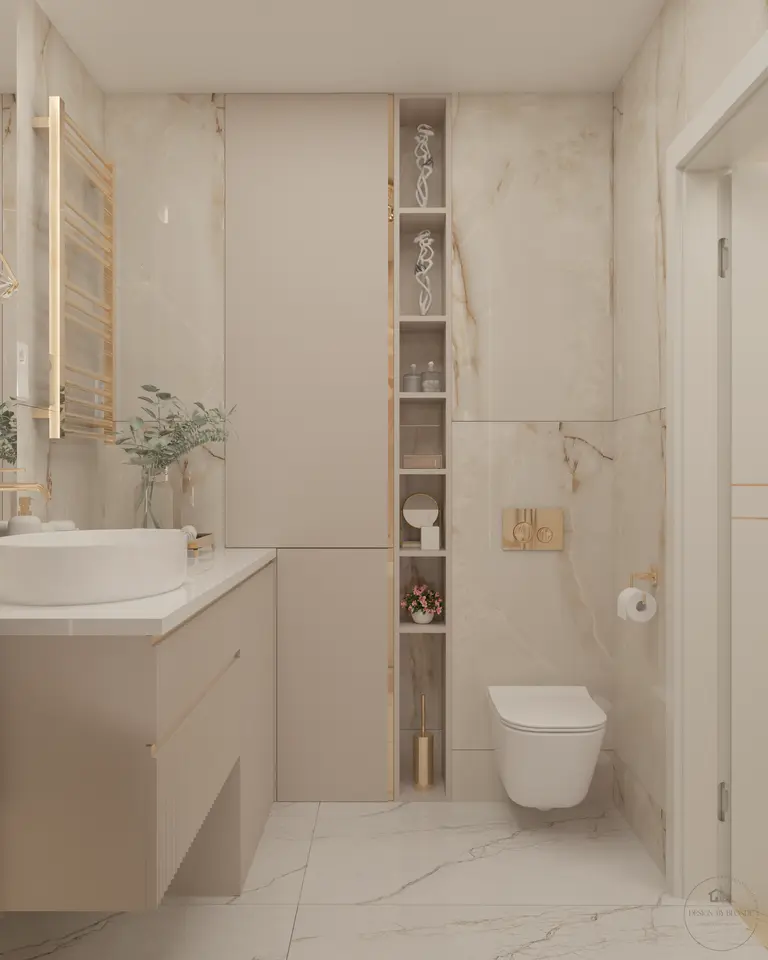 Nowoczesna łazienka z beżowymi meblami i złotymi detalami, styl glamour.