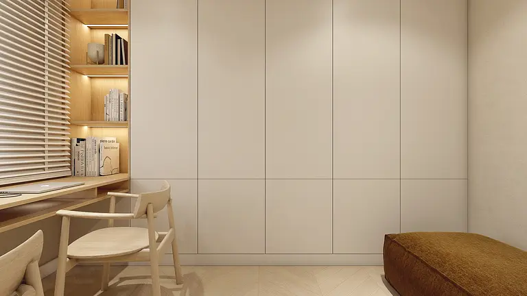 Minimalistyczne biuro w stylu japandi z drewnianym biurkiem i jasnymi meblami.