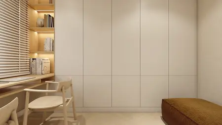 Minimalistyczne biuro w stylu japandi z drewnianym biurkiem i jasnymi meblami.