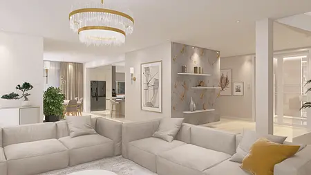 Przestronny salon z jasnymi meblami, dekoracjami glamour i nowoczesnymi akcentami.