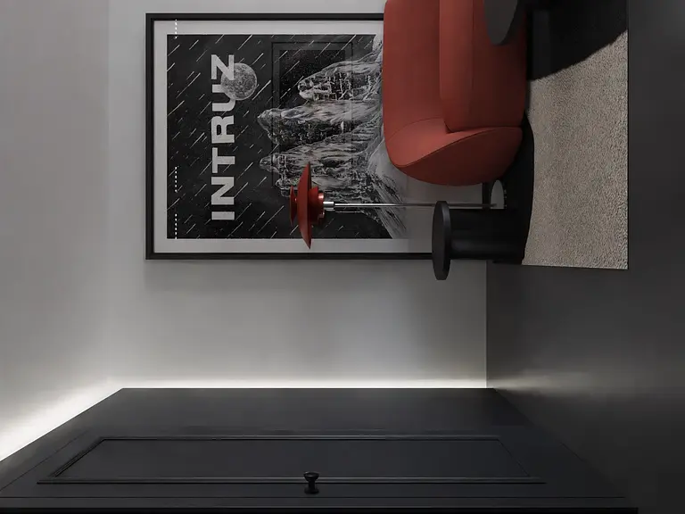 Nowoczesny salon z czerwoną sofą, czarnym stołem i grafiką na ścianie.