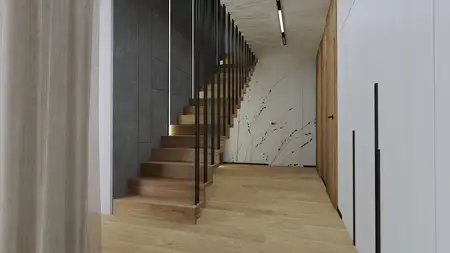 Korytarz z drewnianymi schodami i szarymi ścianami, nowoczesny design
