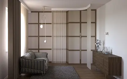 Wnętrze salonu w stylu glamour, minimaluxe i nowoczesnym z paskowanym fotelem i drewnianą komodą.