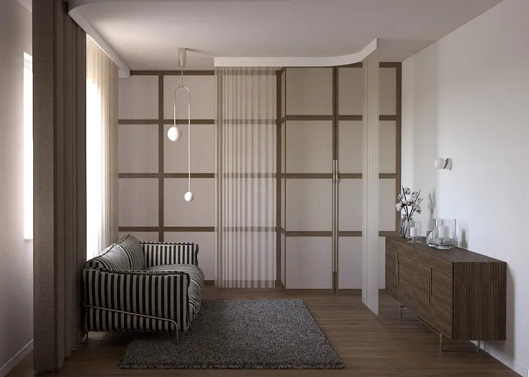 Wnętrze salonu w stylu glamour, minimaluxe i nowoczesnym z paskowanym fotelem i drewnianą komodą.