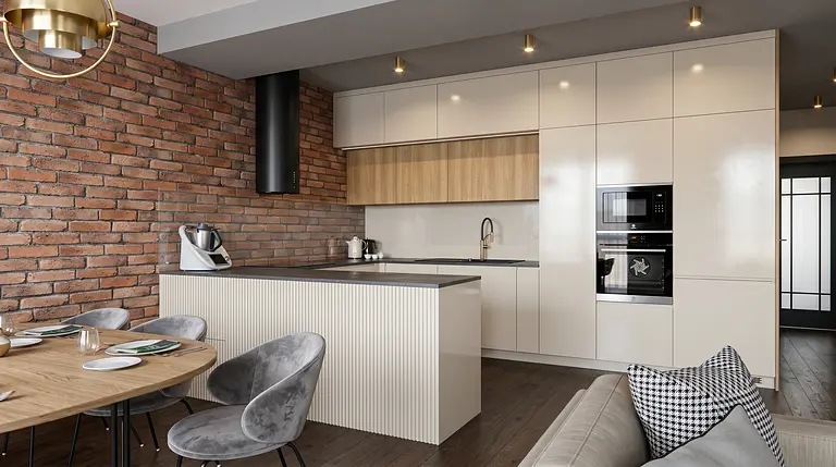 Nowoczesna kuchnia z drewnianymi meblami, ceglaną ścianą i designem glamour.