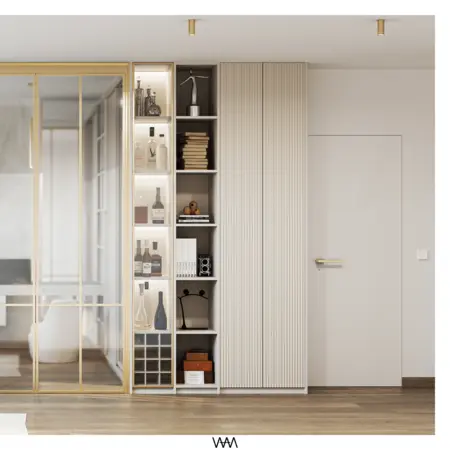 Nowoczesne wnętrze z półkami, minimalistycznym stylem i akcentami glamour.