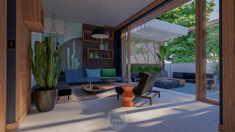 Eklektyczne wnętrze z roślinami i jasnymi meblami w stylu dopamine decor.